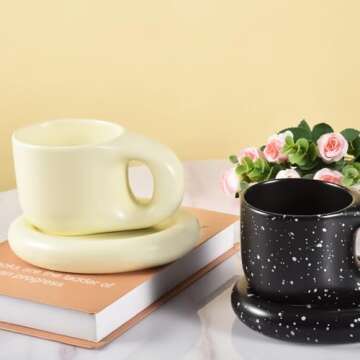 Koythin Ceramic Coffee Chubby Mug Saucer Set, Creative Cute Fat Handle Cup with Saucer for Office and Home, Dishwasher and Microwave Safe, 10 oz for Latte Tea Milk (Beige)