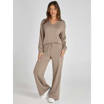 Glamaker Women's 2 Piece Sets Outfits Casual Loose Long Sleeve Polo Top and Wide Leg Pants Matching Sweat Sets (Camel M)