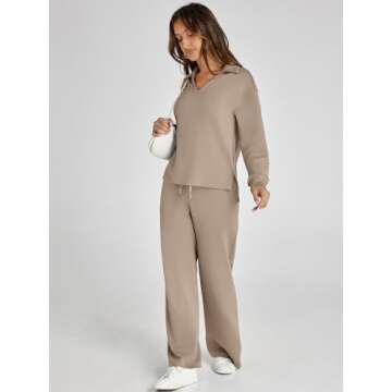 Glamaker Women's 2 Piece Sets Outfits Casual Loose Long Sleeve Polo Top and Wide Leg Pants Matching Sweat Sets (Camel M)