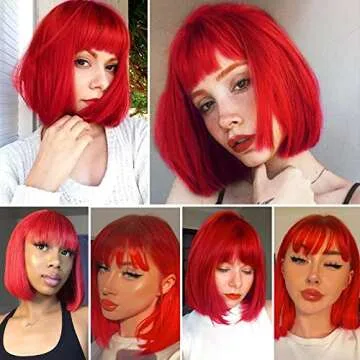 E-FOREST Red Wig Short Bob Wigs with Bangs for Women Straight Hair Wig Synthetic Party Wigs for Women Girls 12 Inch Colorful Wigs