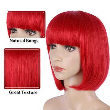 E-FOREST Red Wig Short Bob Wigs with Bangs for Women Straight Hair Wig Synthetic Party Wigs for Women Girls 12 Inch Colorful Wigs