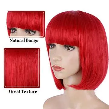 E-FOREST Red Wig Short Bob Wigs with Bangs for Women Straight Hair Wig Synthetic Party Wigs for Women Girls 12 Inch Colorful Wigs