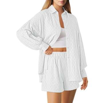 HAPCOPE Women's 2 Piece Outfits Long Puff Sleeve Blouse Shirt High Waisted Side Pocket Shorts Set White L