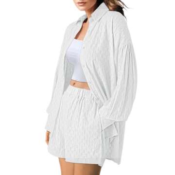 HAPCOPE Women's 2 Piece Outfits Long Puff Sleeve Blouse Shirt High Waisted Side Pocket Shorts Set White L