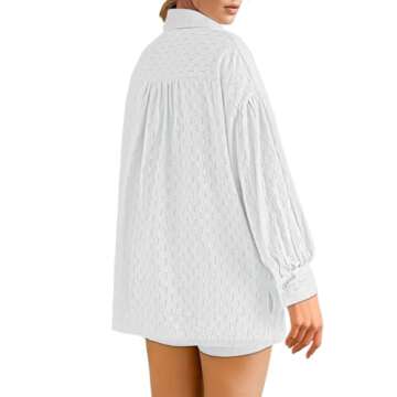 HAPCOPE Women's 2 Piece Outfits Long Puff Sleeve Blouse Shirt High Waisted Side Pocket Shorts Set White L