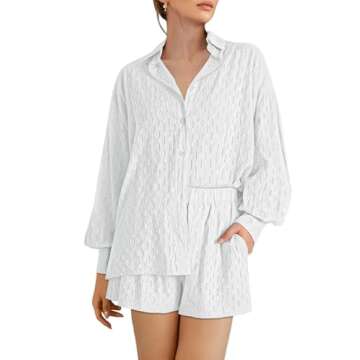 HAPCOPE Women's 2 Piece Outfits Long Puff Sleeve Blouse Shirt High Waisted Side Pocket Shorts Set White L