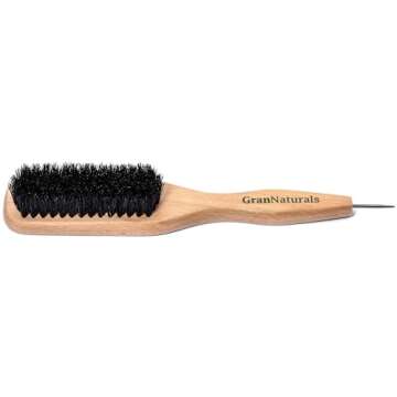 GranNaturals Smoothing & Styling Middle Part Boar Bristle Slick Back Hair Brush w/Narrow Metal Rat Tail End for Sectioning and Parting Sleek Ponytail Bun - Teasing, Backcombing, Edge Control