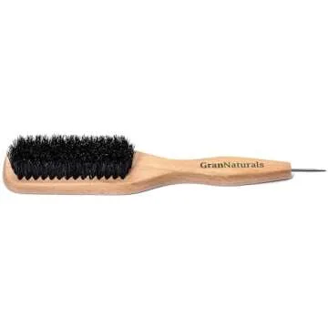 GranNaturals Smoothing & Styling Middle Part Boar Bristle Slick Back Hair Brush w/Narrow Metal Rat Tail End for Sectioning and Parting Sleek Ponytail Bun - Teasing, Backcombing, Edge Control