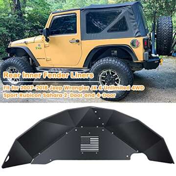 Sunluway Rear Inner Fender Liners for Jeep Wrangler 2007-2018 JK JKU 4WD US Flag Logo Aluminum Lightweight Design Black Splash Guards