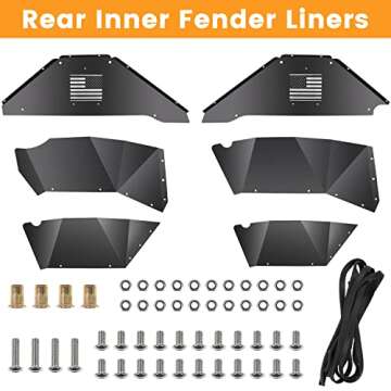 Sunluway Rear Inner Fender Liners for Jeep Wrangler 2007-2018 JK JKU 4WD US Flag Logo Aluminum Lightweight Design Black Splash Guards