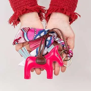 KITSCH RABBIT PU Leather Horse & Tassel Bag Charm with Silk Bowknot for Women Purse Car Keychain Handbag Luxury Fashion Accessories (HotPink)