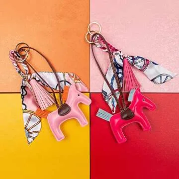 KITSCH RABBIT PU Leather Horse & Tassel Bag Charm with Silk Bowknot for Women Purse Car Keychain Handbag Luxury Fashion Accessories (HotPink)