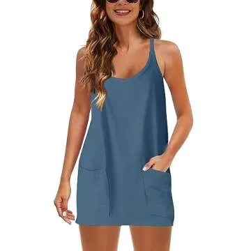 Zhiyouni Women's Summer Sleeveless Mini Dress V Neck Spaghetti Straps Athletic Built-in Shorts Sundress(Navy-S)