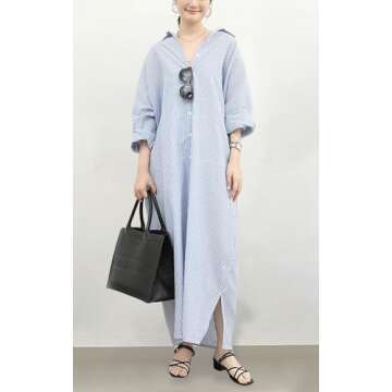 chouyatou Women's Casual Long Sleeve Button Down Loose Striped Cotton Maxi Shirt Dress (Large, Blue)
