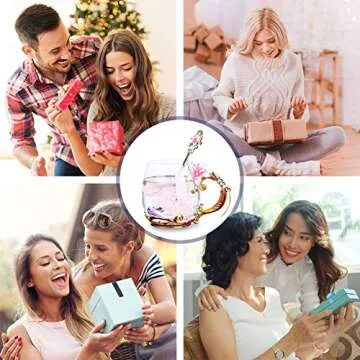 Goodking Flower Glass Coffee Mug Tea Cup with Spoon, Best Birthday, Christmas, Valentine's Day, Mothers Day Gifts for Women Wife Mom Friends