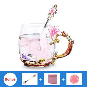 Goodking Flower Glass Coffee Mug Tea Cup with Spoon, Best Birthday, Christmas, Valentine's Day, Mothers Day Gifts for Women Wife Mom Friends