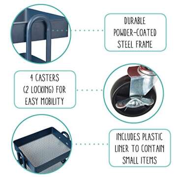 ECR4Kids 4-Tier Metal Rolling Utility Cart - Heavy Duty Mobile Storage Organizer, Navy