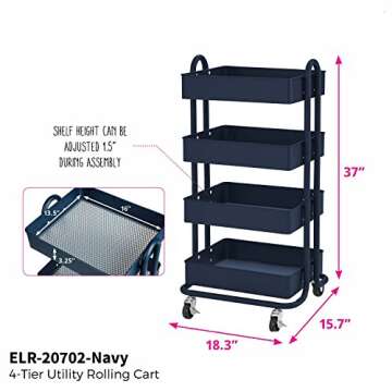 ECR4Kids 4-Tier Metal Rolling Utility Cart - Heavy Duty Mobile Storage Organizer, Navy