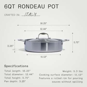 Made In Cookware - 6 Quart Stainless Steel Rondeau Pot w/Lid - 5 Ply Stainless Clad - Professional Cookware - Crafted in Italy - Induction Compatible