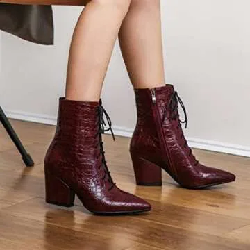 MIOKE Women's Western Chelsea Ankle Boots Pointed Toe Lace Up Zipper Chunky High Heel Dressy Short Booties