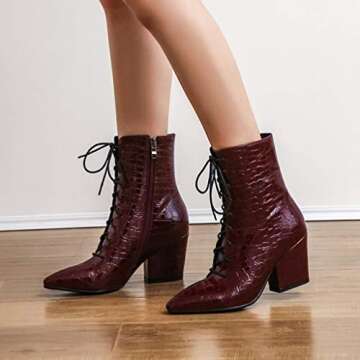 MIOKE Women's Western Chelsea Ankle Boots Pointed Toe Lace Up Zipper Chunky High Heel Dressy Short Booties