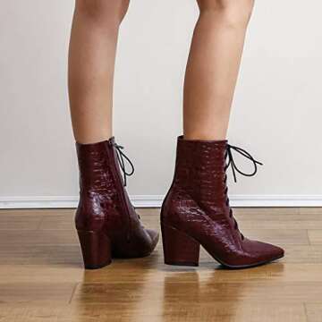 MIOKE Women's Western Chelsea Ankle Boots Pointed Toe Lace Up Zipper Chunky High Heel Dressy Short Booties