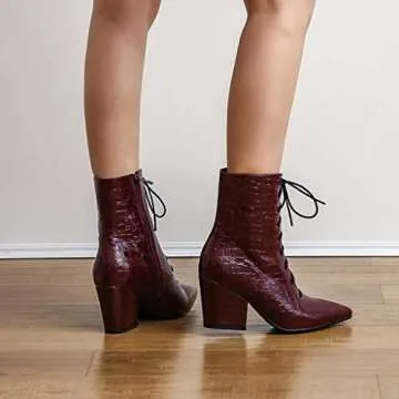 MIOKE Women's Western Chelsea Ankle Boots Pointed Toe Lace Up Zipper Chunky High Heel Dressy Short Booties