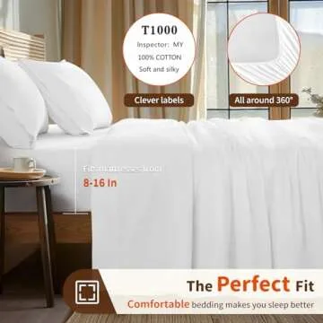 LBRO2M 1000 Thread Count 100% Egyptian Cotton Sheets Set,King Size Bed Sheet 4 Piece Sets,Long Staple,16 Inches Deep Pocket,All Season,Bedding Super Soft Breathable,Sateen Weave(White)