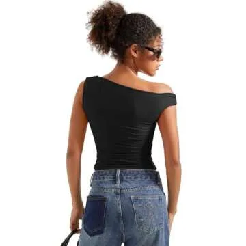 SUUKSESS Women Off Shoulder Tops Sleeveless Shirts Y2K Trendy Going Out Crop Tank Top (Solid Black,L)