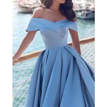 Off Shoulder Satin Prom Dresses Ball Gown Plus Size Formal Dresses for Women Wedding Dress with Slit