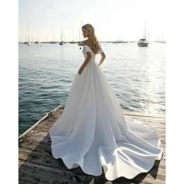 Off Shoulder Satin Prom Dresses Ball Gown Plus Size Formal Dresses for Women Wedding Dress with Slit