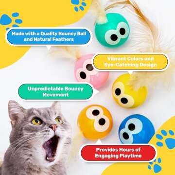 Bouncy Tails 5 Pack Interactive Bouncy Ball with Natural Feathers for Indoor Cats and Kittens who Love to Play and Have Fun.