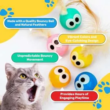 Bouncy Tails 5 Pack Interactive Bouncy Ball with Natural Feathers for Indoor Cats and Kittens who Love to Play and Have Fun.