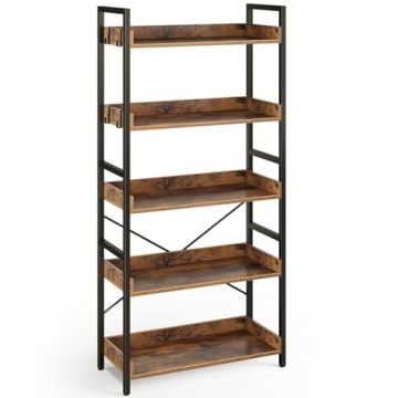 Vintage Industrial Bookshelf - 5 Tier with Hooks