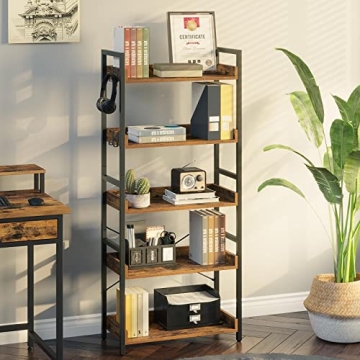 Vintage Industrial Bookshelf - 5 Tier with Hooks