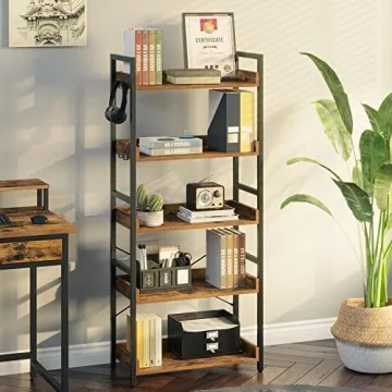 Vintage Industrial Bookshelf - 5 Tier with Hooks