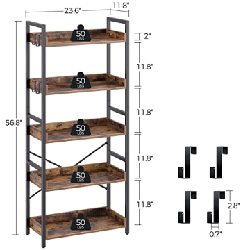 Vintage Industrial Bookshelf - 5 Tier with Hooks