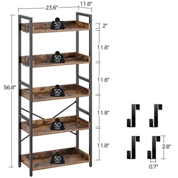 Vintage Industrial Bookshelf - 5 Tier with Hooks
