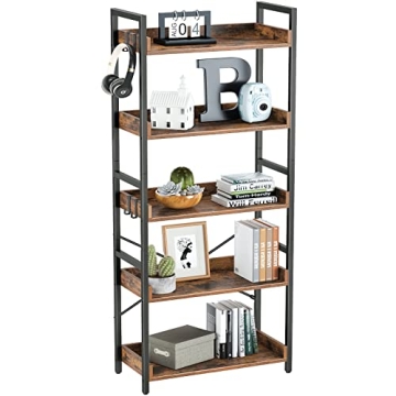 Vintage Industrial Bookshelf - 5 Tier with Hooks