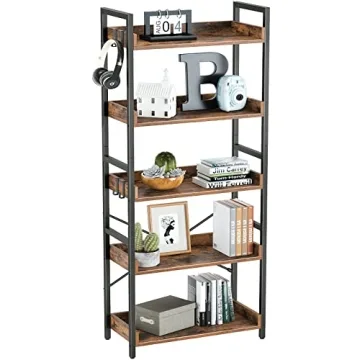Vintage Industrial Bookshelf - 5 Tier with Hooks