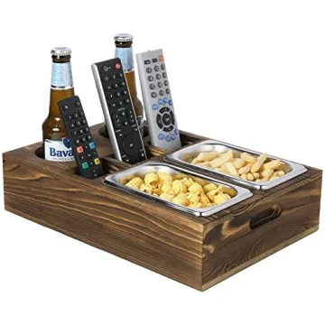 MyGift Rustic Burnt Solid Wood Snack Bowl and Tray Caddy with 2 Drink Holders and Remote Control Hol...