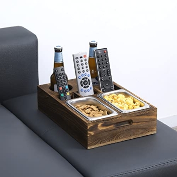 MyGift Rustic Wood Snack Caddy with Bowls and Drink Holders