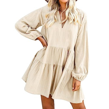 FANCYINN Long Sleeve Shift Tunic Dress Ruffle Swing Babydoll Juniors Mini Tiered Dress with Pockets ...