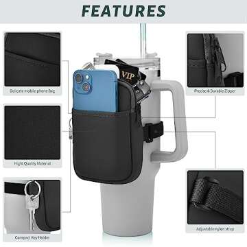 Mvidsy Stanley Water Bottle Pouch, 30oz, Black, Soft, Unisex, Adjustable Strap, 1 Compartment, Pouch Style, Bottle Case