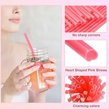 100 Pieces Valentine Straws Heart Shaped Pink Straws Plastic Disposable Cute Drinking Coffee Milk Straw Party Favors for Bridal Shower Wedding Supplies (100 Pieces)