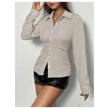 SweatyRocks Women's Striped Button Down Slim Fit Shirt Long Sleeve Collar Work Blouse Tops Khaki Medium