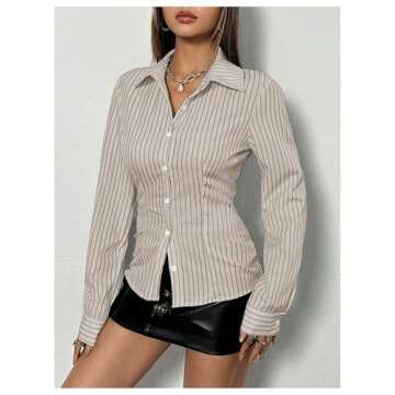 SweatyRocks Women's Striped Button Down Slim Fit Shirt Long Sleeve Collar Work Blouse Tops Khaki Medium