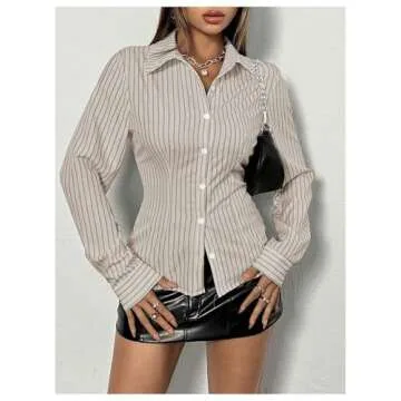 SweatyRocks Women's Striped Button Down Slim Fit Shirt Long Sleeve Collar Work Blouse Tops Khaki Medium