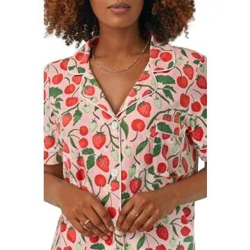 NUFIWI Women Cute Print Pajamas Lounge Sets 2Piece Pj Shorts Set Fruits Printed Y2k Short Sleeve Button Down Sleepwear(Strawberry Pink Red,M)