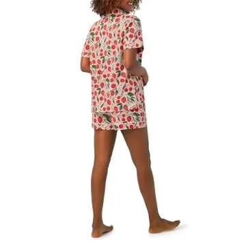 NUFIWI Women Cute Print Pajamas Lounge Sets 2Piece Pj Shorts Set Fruits Printed Y2k Short Sleeve Button Down Sleepwear(Strawberry Pink Red,M)